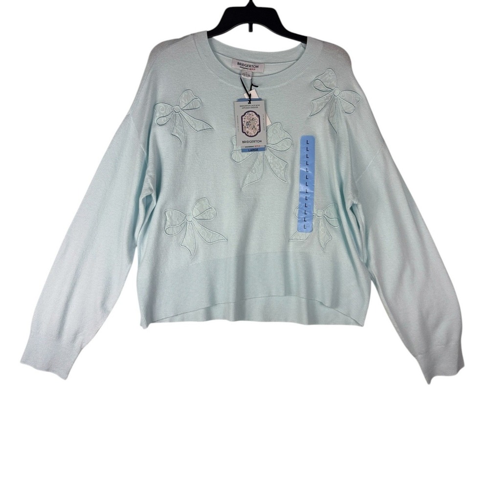 Bridgerton Netflix Lace Bow Applique Sweater Light Blue Large BRIR001A NWT